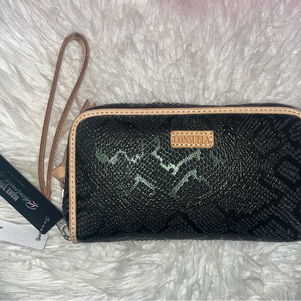 Consuela Black and Tan Snakeskin Wristlet